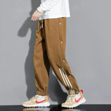 FOESCE Men's Spring Autumn Elastic High Waist Pockets Striped Button Drawstring Loose Casual Clothing Trousers Bloomers Vintage Pants