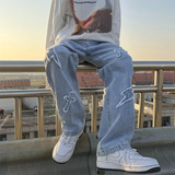 FOESCE Cross Embroidery Y2k Jeans Mens Straight Denim Pants Casual Vintage Jeans Versatile Fashion Streetwear Spring High Street Pants