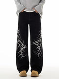 FOESCE Women Jeans Oversize Hip-hop Fashion Vintage Streetwear Y2K Wide Leg Jean High Waist Embroidery Pattern Trouser Baggy Denim Pant