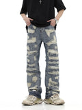 FOESCE 2025 American style high street washed personalized torn hole cut straight tube loose fitting jeans, versatile for men and women