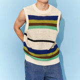 FOESCE Spring New Hollow Stripe Knitwear Sweater Vest 2025 Contrast Color O Neck Casual Tank Tops Korean Fashion Male Sleeveless Tees