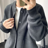 FOESCE Man Clothes Round Collar Plain Knitted Sweaters for Men Crewneck Solid Color Cardigan Green Black Japanese Harajuku Fashion Neck