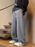 FOESCE 2025 New Men's Striped Woolen Straight Leg Trousers Classic Y2K Vintage Baggy Pants Casual High Street Fashion Gym Sweatpants