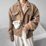FOESCE Mens Harajuku Loose Metal Decorated Y2k Short Jacket Autumn Winter Genderless Retro Casual Trendy Street Texture Jacket Unisex