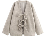 FOESCE Luxury Women Autumn Winter Tweed Jacket Urban Coat V-neck Lace-up New Loose Casual Solid Jacket Design Outerwear Lady's Tops New