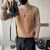 FOESCE Round Neck Contrast Color Autumn Winter Men's Clothing Sweater Knitted Pullover Long Sleeve Fashionable Casual Loose Tops