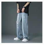 FOESCE Ripped Jeans Men Ins Trendy Straight Leg Loose Wide Leg Pants High Waist Floor Mopping Denim Pants Versatile Casual Pants Men's