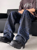 FOESCE American  handsome blue leopard print jeans for men denim men's design sense American hiphop high street pants Vibe trendy