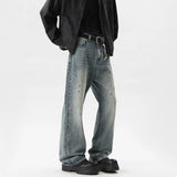 FOESCE Summer Men's Denim Pants Old Blue Washed Male Jeans Straight fleck Casual Menwear Loose Wide Leg Trousers 2025 New Fashion