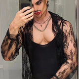 New Spring Summer Fashion Men Long Sleeve Shirts Nightclub Perspective Mesh Cardigan Lace Print Tops Sexy Shirt Streetwear