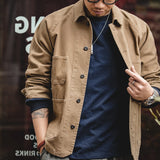 FOESCE Maden Vintage Khaki Jackets for Men Loose Cotton Solid Chore Coat Amekaji Cargo Casual Jacket Man Clothing