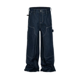 FOESCE High Street Cleanfit Multipockets Drak Blue Baggy Jeans for Men and Women Straight Vintage Casual Loose Denim Trousers Oversize