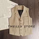 FOESCE Men's Retro Herringbone Pattern Vest Men's Suit Collar Vest Slim-fit Tweed Vest Wedding Vest Men