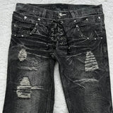 FOESCE Y2K Washed Jeans Gothic Retro Micro Flared Double Waisted Lace Up Pants Men Women Streetwear High Quality Design Sense Trousers
