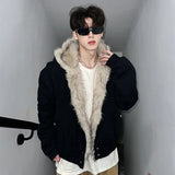 FOESCE Autumn and winter new loose denim jacket, thick and warm retro design, hooded cotton jacket, fashionable men's or women's jacket