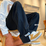 FOESCE Men High Street Sweatpants Fashion Loose Casual Side Slit Straight-Leg Pants Vintage Blue Jacquard Casual Bottoms Male Clothes