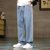 FOESCE Men Straight Leg Blue Gray Loose Y2K Drawstring Jeans Streetwear Casual Wide Denim Pants Male Baggy Stylish Harajuku Trousers