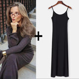 FOESCE Spring Autumn O-Neck Elastic Knit Long Dresses Women 2025 Elegant Chic Soft Lady Hollowing Sweater Dresses Femme New