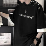 FOESCE Mens Summer Short Sleeve T-shirt Metal Buckle Design Streetwear Korean Trendy Casual Loose Top Tees Personality Letter Pullover
