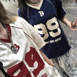 FOESCE Y2K American Retro Splicing Hip Hop Summer Goth Trend Design Couple Contrasting Color Loose Sports Top Street V Neck T Shirt