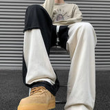 FOESCE Spring Autumn New Contrast Color Elastic Waist Fashion Straight Pants Man High Street Loose Cotton Pocket Drawstring Trousers