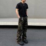 FOESCE Mens Denim Trousers Vintage American Retro High Street Camouflage Functional Design Straight Durable Versatile Trousers Summer