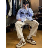 FOESCE 2025 Spring and Autumn Men's New Splicing Square Collar Button Pocket Striped Letter Fashion Loose Casual Long Sleeve Shirts