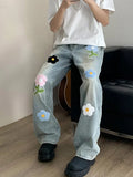 FOESCE Y2K Vintage Flower Embroidered Jeans For Men High Street Baggy Straight Wide Leg Denim Pants Autumn Design Hip Hop Fashion Jean