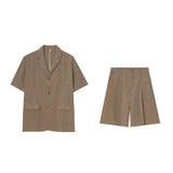 FOESCE Men  Casual Suit Trendy New Neutral Solid Blazer Collar Shirts LGBT Design Short-sleeved Blouse Shorts Two-piece Set