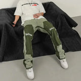 FOESCE European and American high street men's washed jeans retro personalized straight-leg splicing flared pants trendy denim trousers