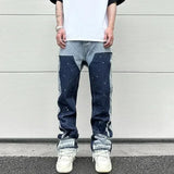 FOESCE European and American high street men's washed jeans retro personalized straight-leg splicing flared pants trendy denim trousers