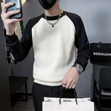 FOESCE Round Neck Contrast Color Autumn Winter Men's Clothing Sweater Knitted Pullover Long Sleeve Fashionable Casual Loose Tops