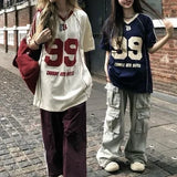 FOESCE Y2K American Retro Splicing Hip Hop Summer Goth Trend Design Couple Contrasting Color Loose Sports Top Street V Neck T Shirt