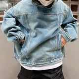 FOESCE Mens Autumn Winter Fashion Denim Washed Distressed Retro Hoodie Genderless Street Fashion Casual Loose Denim Sweatshirt Unisex