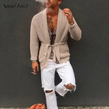 FOESCE 2025 Spring Stylish Waist V Neck Cardigans Men Vintage Lapel Solid Color Knitted Cardigans For Mens Casual Knitting Sweatercoats