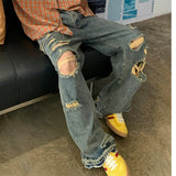 FOESCE American vibe style pants, high street trendy brand, yellow mud dyed washed distressed jeans, men's retro street wide leg long p