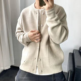 FOESCE Man Clothes Round Collar Plain Knitted Sweaters for Men Crewneck Solid Color Cardigan Green Black Japanese Harajuku Fashion Neck