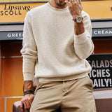 FOESCE Fashionable Waffle Knitted Sweaters Men Casual Solid Color Long Sleeve Crew Neck Knit Jumper Top Mens Autumn Trendy Slim Sweater
