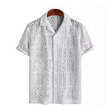 FOESCE Mens Mesh Hollow Perspective Lace Shirt 2025 Summer Sexy Breathable Casual Beach Vacation Personality Short-Sleeve Mens Tops