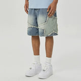 FOESCE High Street Washed Stars Patchwork Baggy Jeans Shorts for Men Wide Leg Straight Casual Denim Five Point Pants Oversized