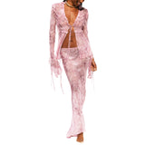 FOESCE Y2k Women Sheer Mesh  Fairy Grunge Tie Up Ruffle V Neck Beach Dresses Aesthetic Tassel 2 Piece Skirt Set Summer (Long