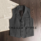 FOESCE Men's Retro Herringbone Pattern Vest Men's Suit Collar Vest Slim-fit Tweed Vest Wedding Vest Men