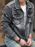 FOESCE 1Pc Men's Four Seasons Destroyed Stone Washed Light Jacket Daily American Street Casual Denim Jacket (No Hood/No Accessories)