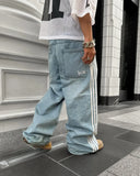 Foesce Y2K Casual Jeans Harajuku Classic Striped Light Blue Jeans Graphic Embroidery High Waist Straight Pants Baggy Trousers Men Women