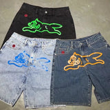 Foesce Summer original color washed flying dog print denim shorts beach trend loose fashion couple quarter pants straight casual pants