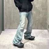 FOESCE Harajuku Streetwear Washed Vintage Solid Jeans Men's Y2K Straight Baggy Flare Pants Unisex Oversized Casual Denim Trousers