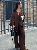 FOESCE Women Casual Brown Cotton Linen Shirt Pants Suit Fashion Single Breasted Blouses Elastic Waist Pant Set 2025 Spring Loose Outfit