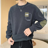 FOESCE Autumn and Winter New Men's Pullover Round Neck Panel Letter Plush Thickened Fashion Casual Loose Versatile Long Sleeved Sweater
