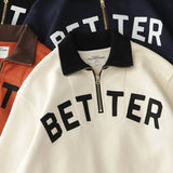 FOESCE Autumn American Retro 460G Thick Velvet Letter Printed Knitted Hoodies Men's 100% Cotton Washed Heavyweight Half Zip Sweatshirt