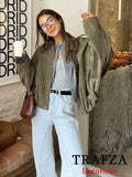 FOESCE TRAFZA Casual Soft Bomber Jackets Women Long Lantern Sleeve Oversized Spring Summer Coats Fashion 2025 Streetwear Zipper Outwear
